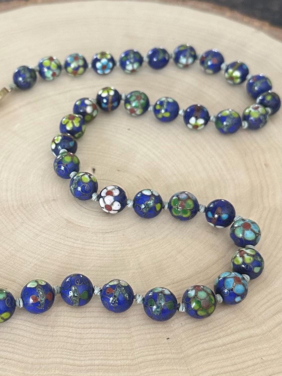 Vintage Midcentury Hand Knotted Blue Cloisonné Enamel Blue Floral Porcelain Beaded Necklace 23”