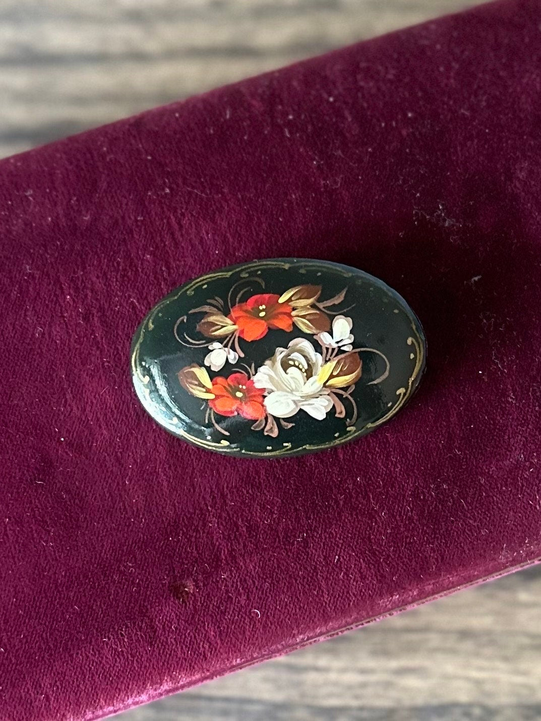 Vintage 1990s Russian Handpainted Lacquer Floral Oval Brooch Signed