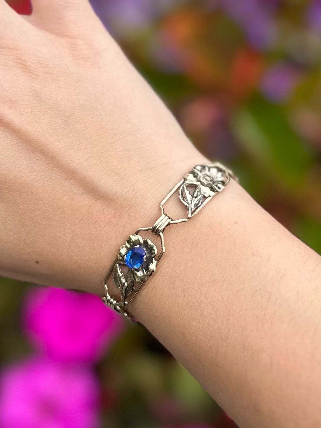Vintage 1930s Signed Providence Stock Co. 1/20 12k Gold Filled Sterling Silver Floral Blue Rhinestone Link Bracelet