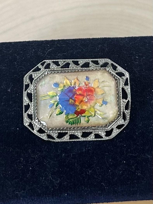 Antique Art Deco 1920s 1930s Reverse Carved Glass Floral Pansy Intaglio Silver Tone Brooch C-Clasp