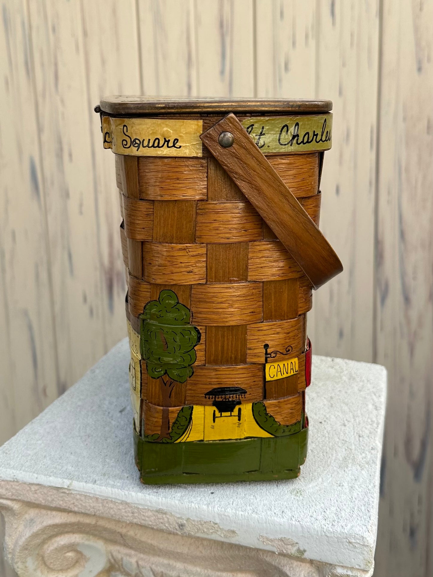 1960s New Orleans Hand Painted & Signed Katydid Wooden Picnic Basket Purse Specially for Godchaux