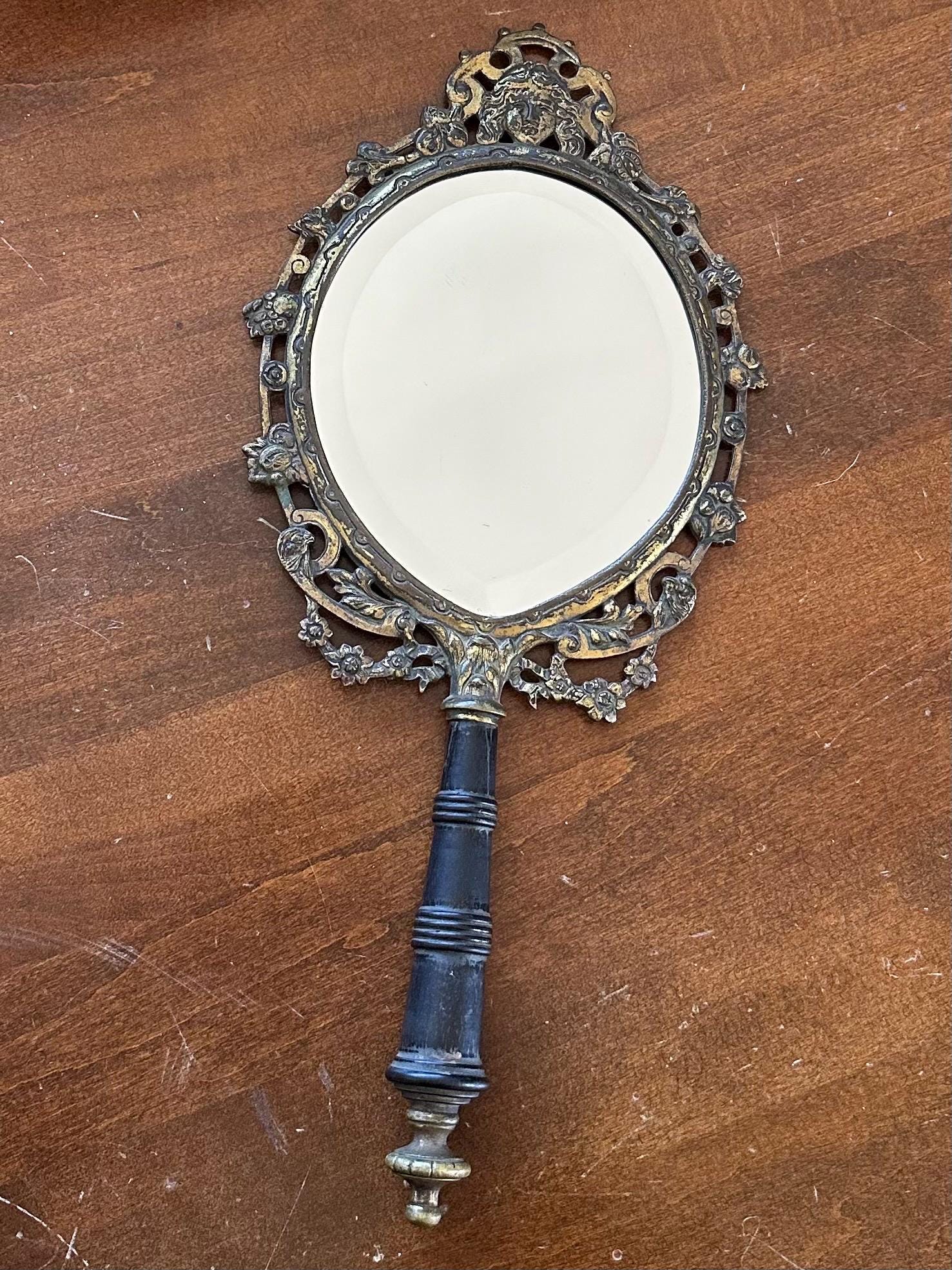 RARE 19th Century Antique Victorian Brass & Black Ebony Wood Beveled Glass Vanity Hand Mirror with Florals, Vines, and Lady Head Art Nouveau