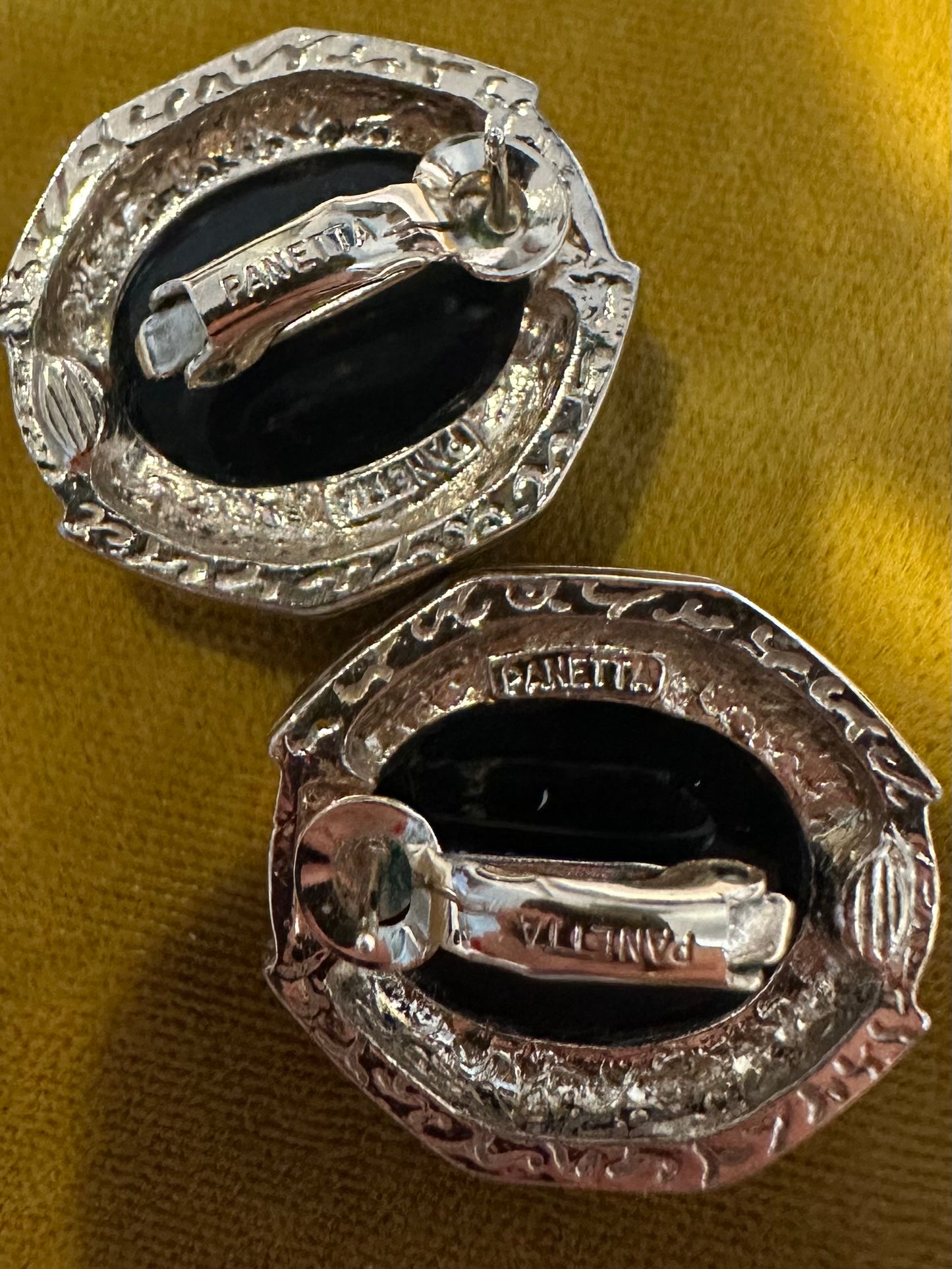 Vintage Signed Panetta Gold Tone Faux Black Onyx & Rhinestone Statement Earrings