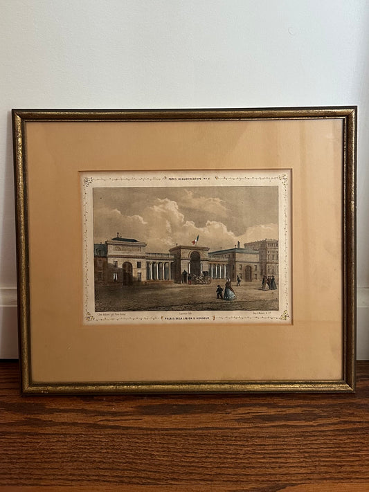 Vintage Framed 19th Century Paris Daguerrotype No. 41 "Palais de la Legion D'Honneur" Cauelue Hand Colored Lithograph