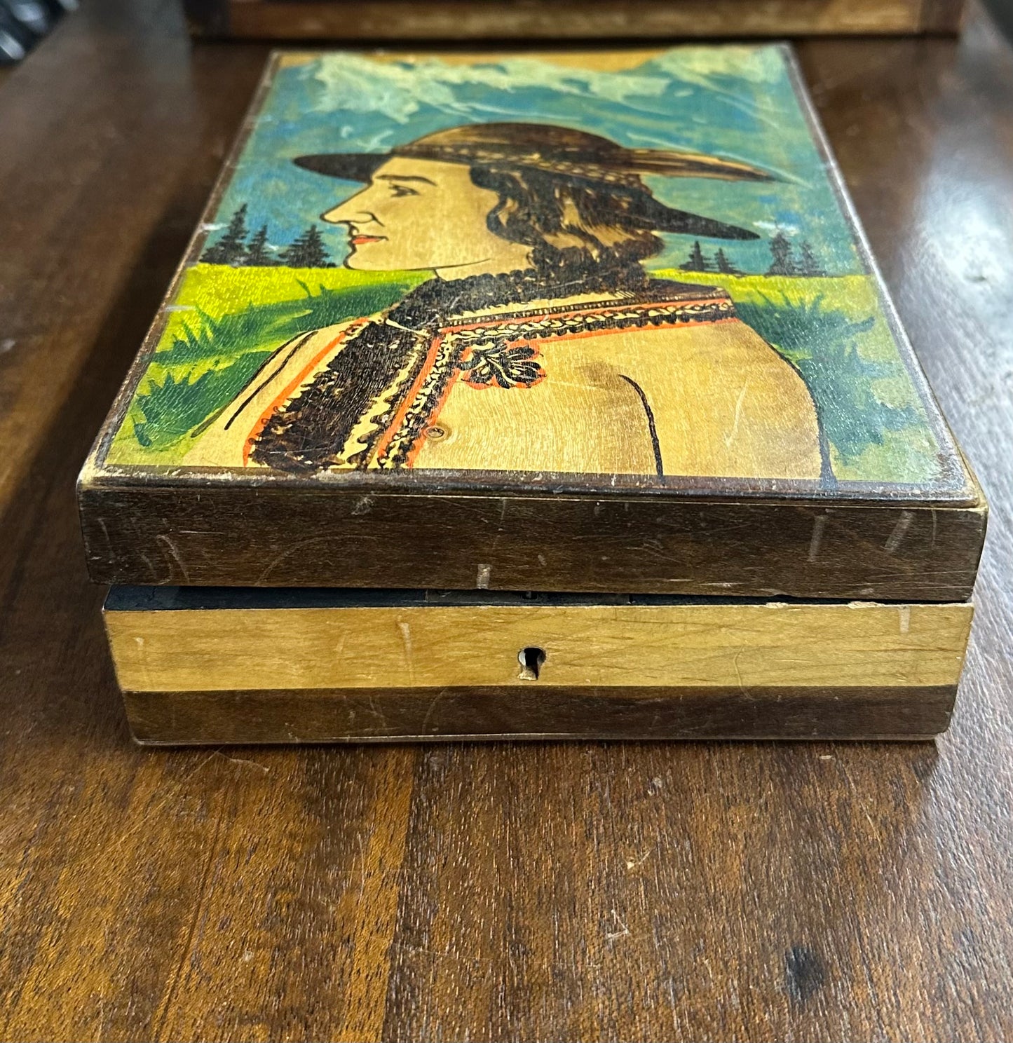 Vintage European Folk Art Hand Carved & Hand Painted Wood Lidded Trinket Box