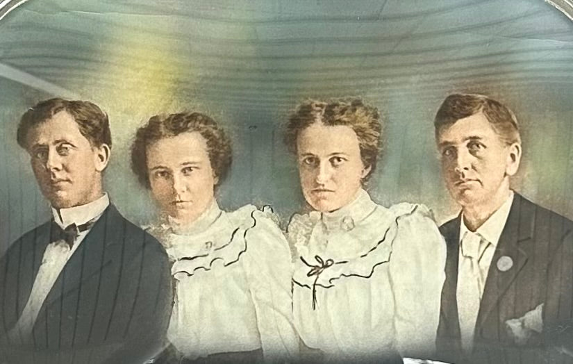 Antique Edwardian Convex Glass Framed Hand Tinted Dual Couple Family Portrait