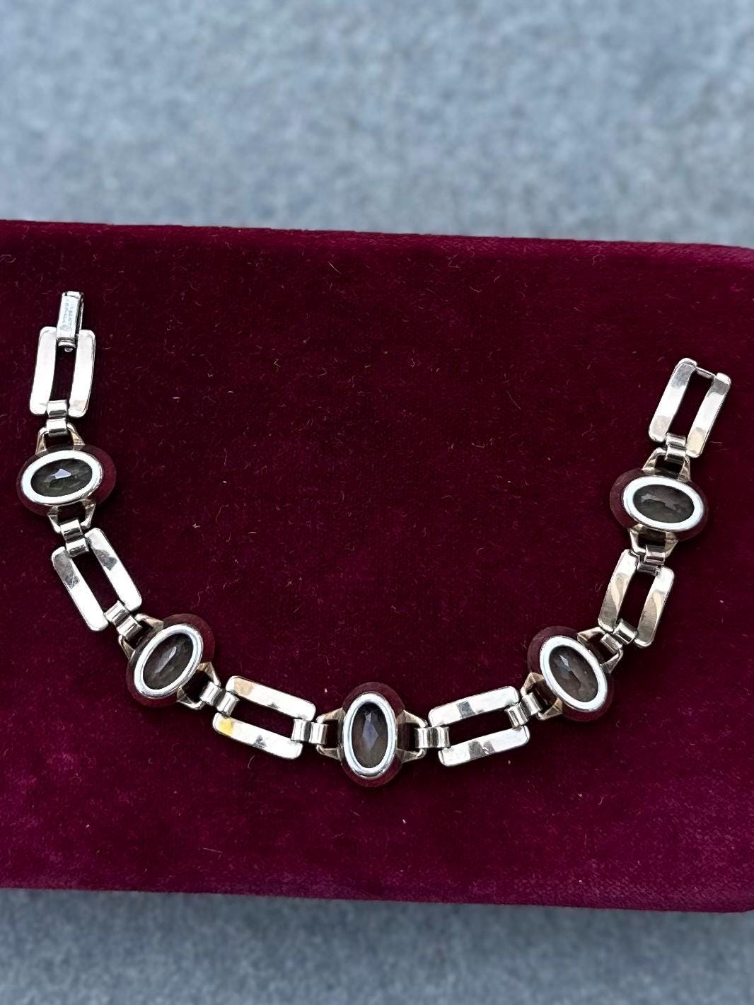 Vintage 1940s Art Deco Signed ENGEL BROTHERS 1/20 10k Gold Filled Faceted Cut Light Green Glass Stones Link Bracelet 7”