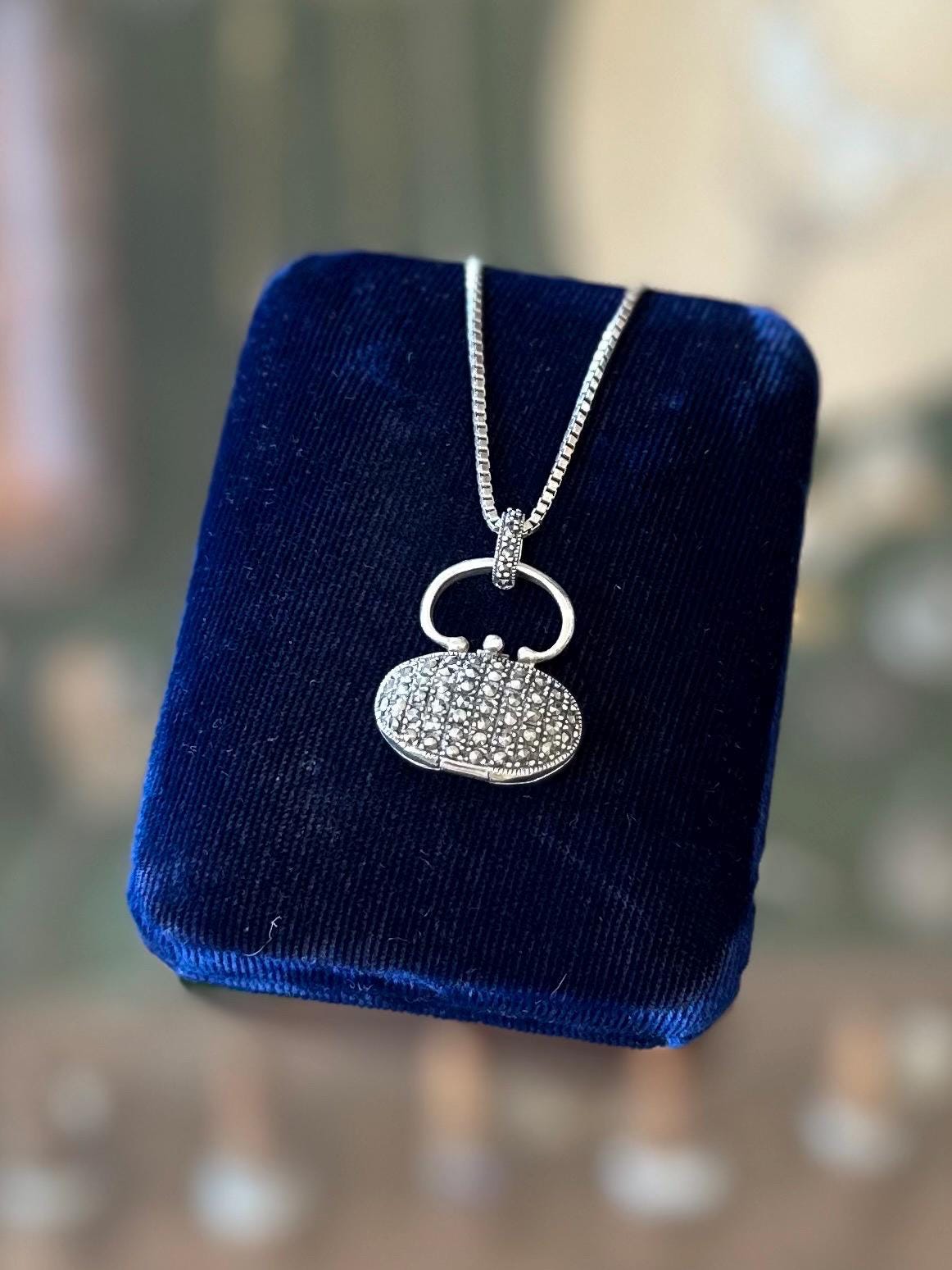 Vintage 925 Sterling Silver & Marcasite Locket Secret Compartment Pendant Necklace Box Chain 20”