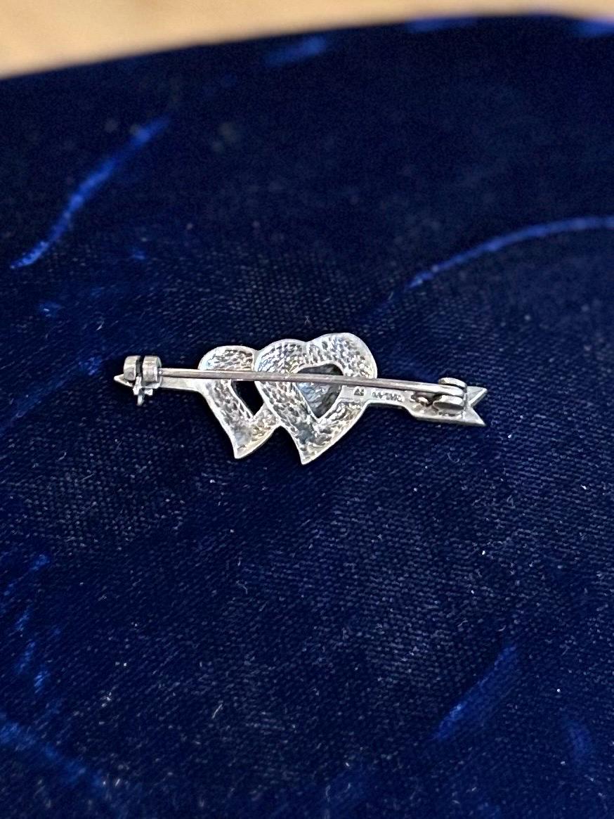 Vintage 925 Sterling Silver & Marcasite Hearts and Arrow Brooch Pin
