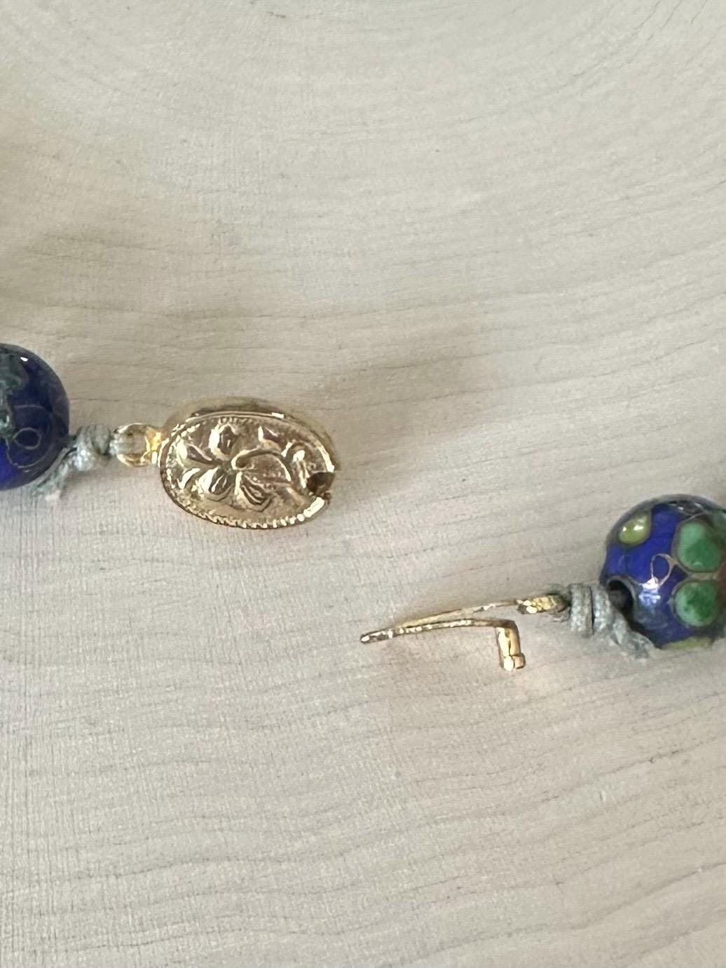Vintage Midcentury Hand Knotted Blue Cloisonné Enamel Blue Floral Porcelain Beaded Necklace 23”