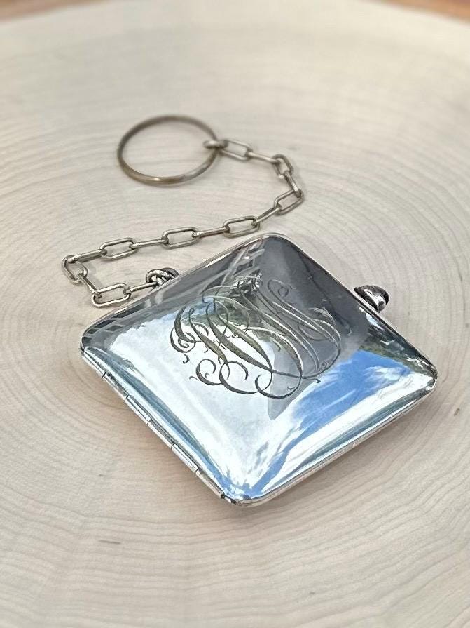 Antique 1920s 1930s Art Deco German Silver Monogrammed HBW Sovereign Coin Holder Chatelaine Compact Genuine Amethyst Cabochon