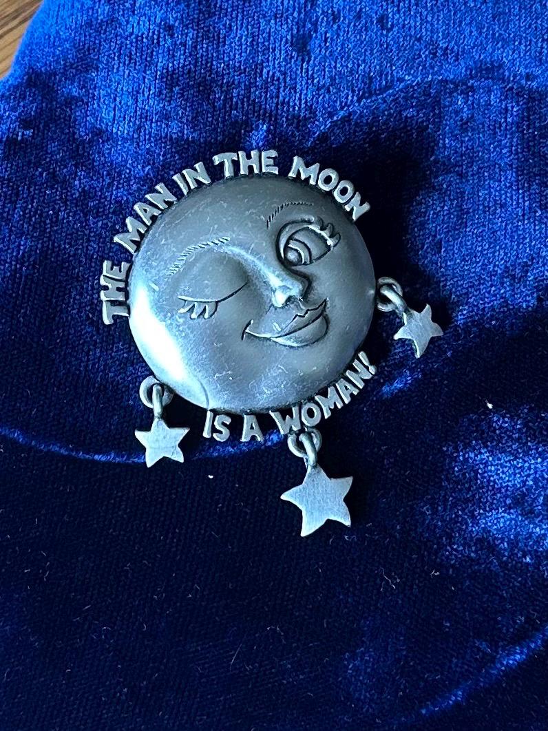 Vintage 1980s Signed JJ Jonette The Man in the Moon is a Woman Celestial Moon & Stars Silver Tone Brooch Feminist