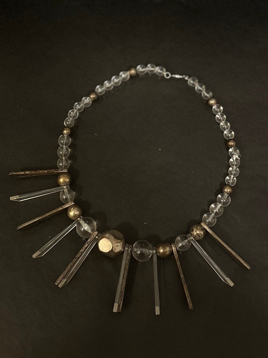 Rare Vintage 1950s Geometric Daggers & Clear Lucite Silver Tone Graduated Beaded Collar Necklace | Avant Garde Couture Statement Jewelry