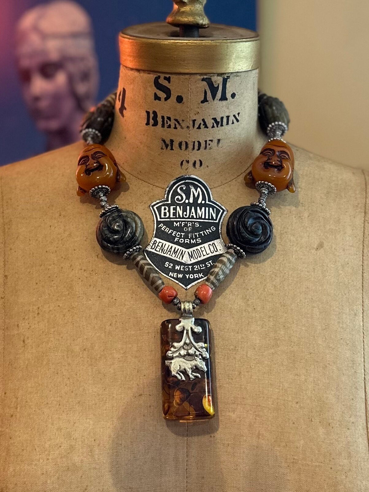 Vintage OOAK Artisan Handmade Large Tibetan Statement Necklace Happy Buddhas with Genuine Amber & Coral Toggle Clasp 20”