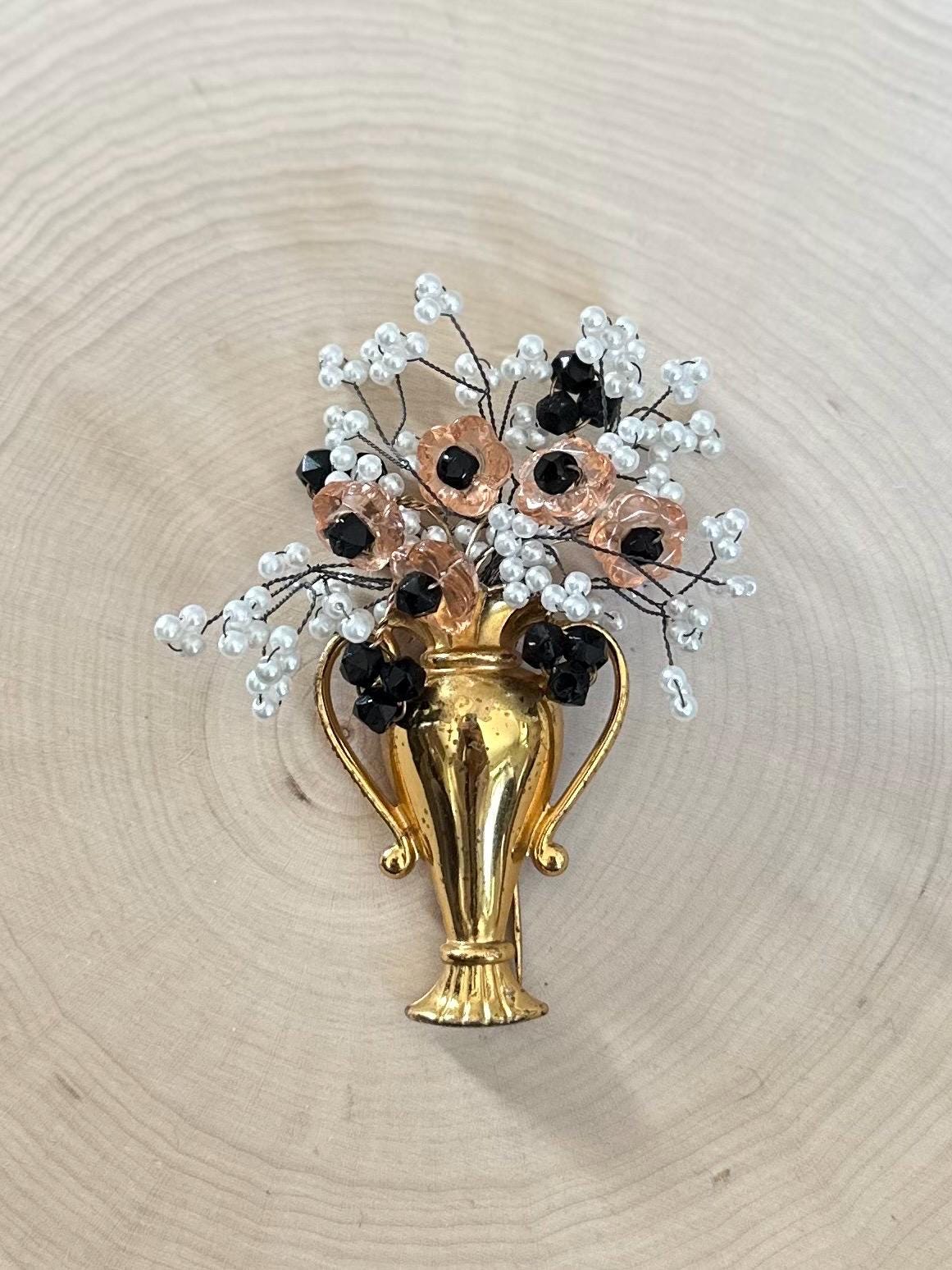 Rare Vintage 1940s 1950s Signed MONET Sterling Silver & Gold Vermeil Urn Brooch Fur Clip with Hand Beaded Wire Wrapped Beaded Flower Bouquet