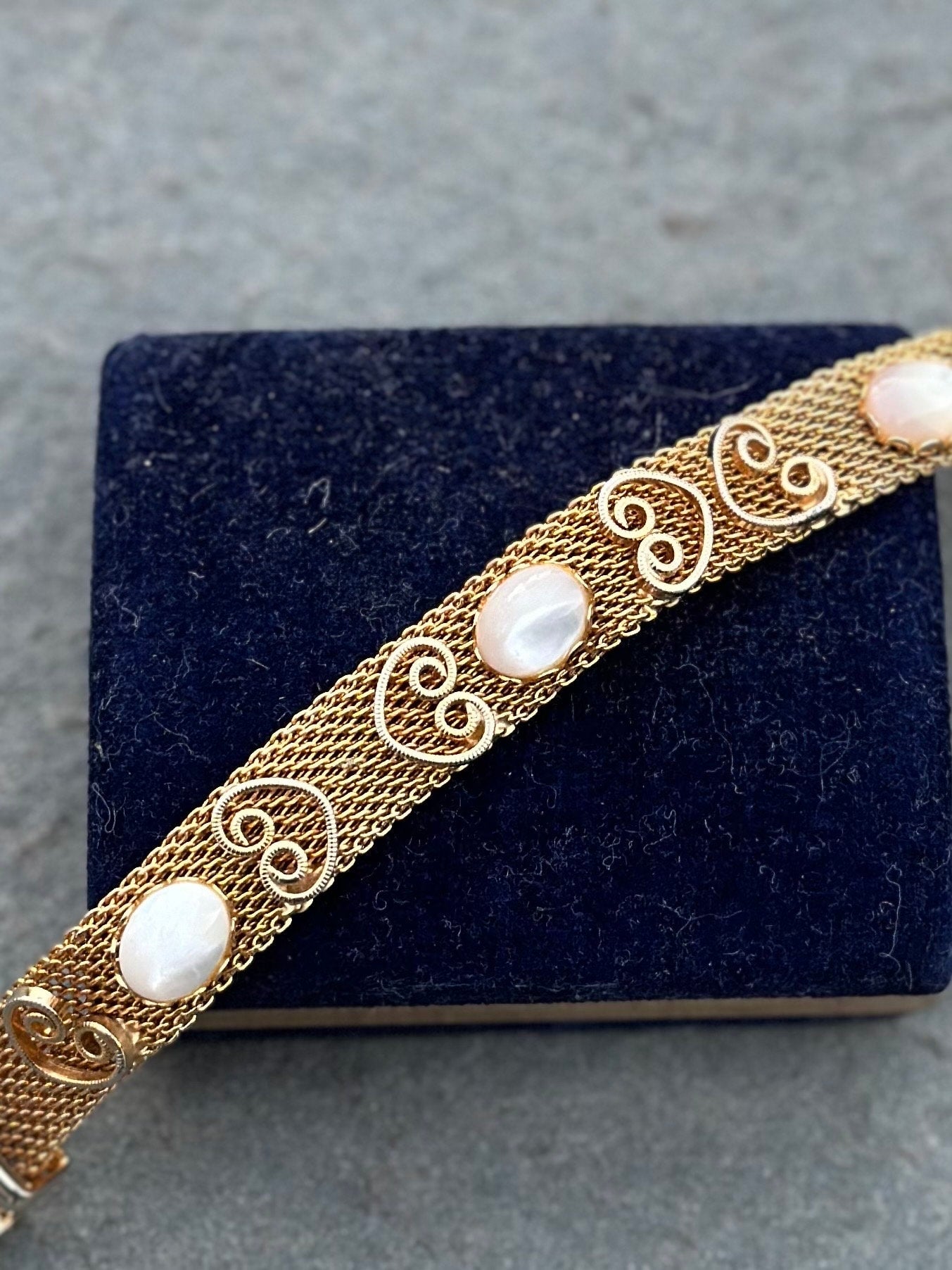 1970s Vintage Gold Tone Mesh Belt Bracelet with Cabochon Faux Opal Stones Midcentury