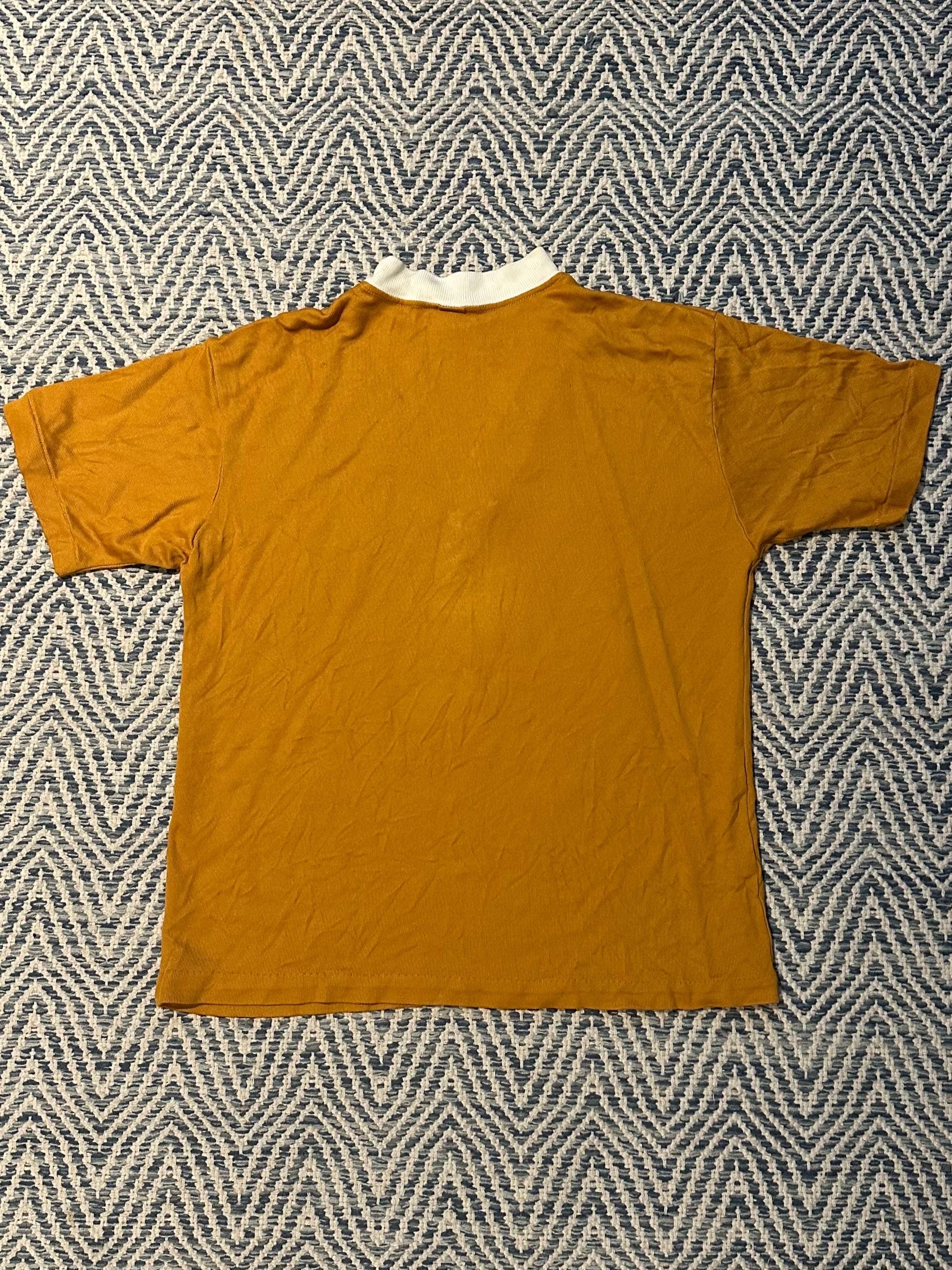 Vintage 1960s Rozini Medium Golden Yellow & White T-shirt Mock Neck V Neck Jersey Polyester