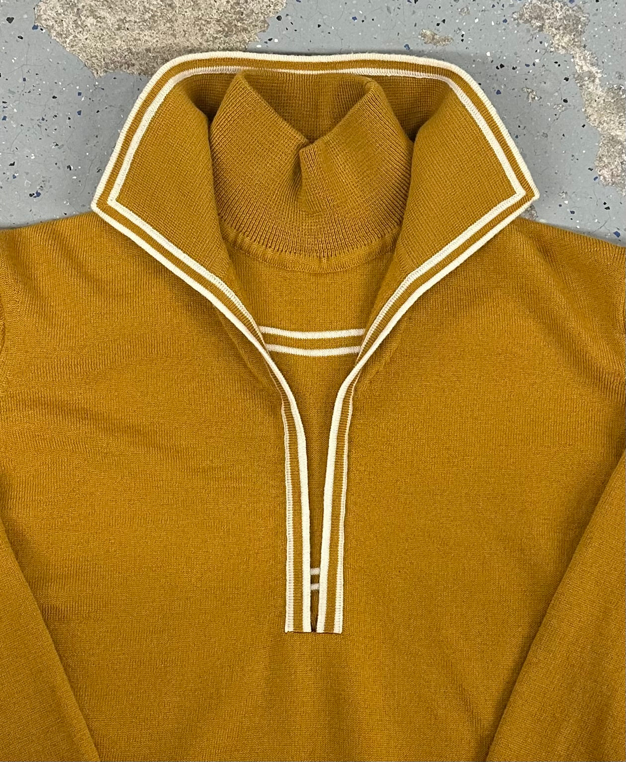 1960s 1970s Mustard Yellow White Stripe Mock Neck Collared Long Sleeve Sweater
