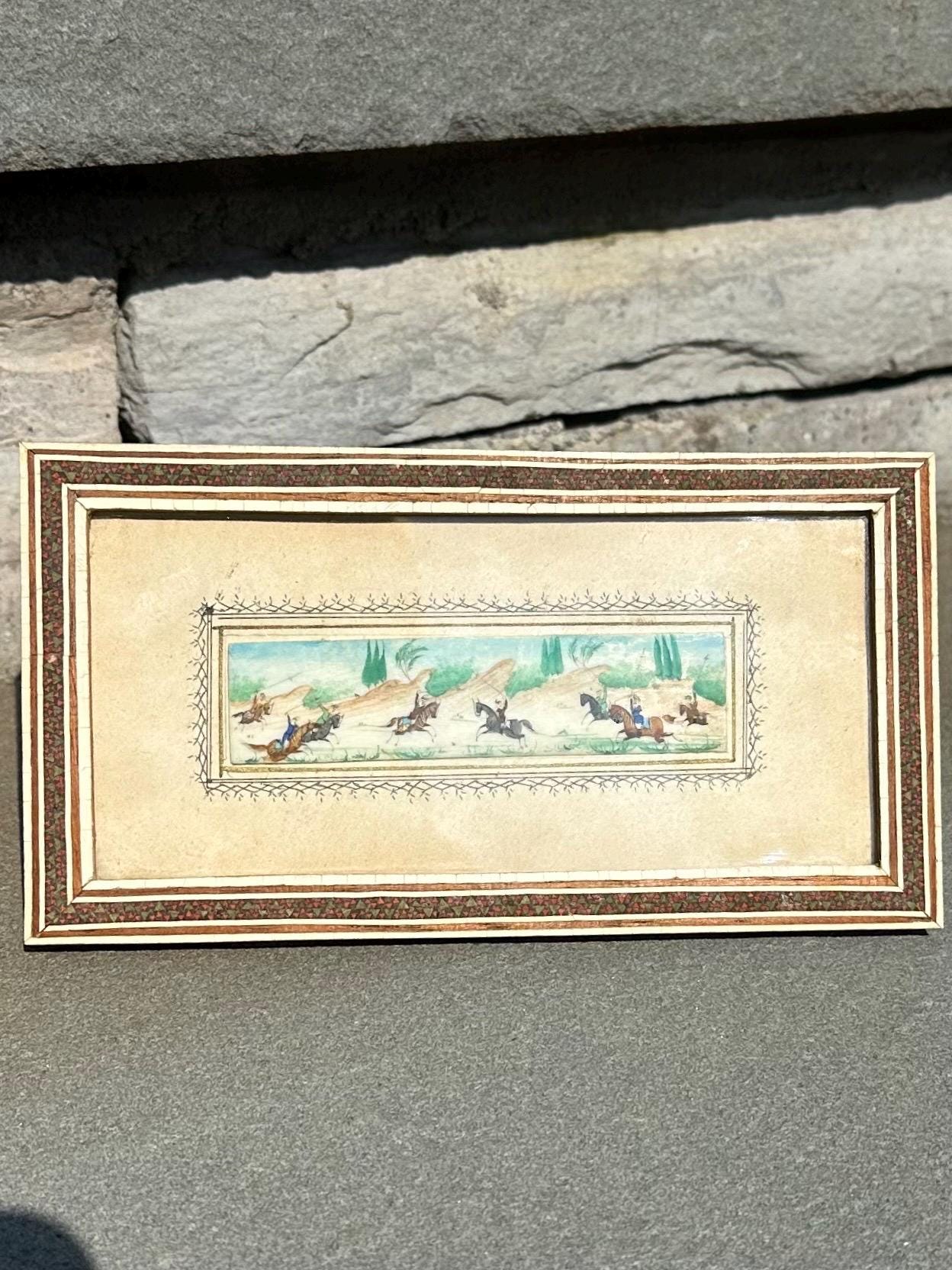 Vintage Circa 1940s Middle Eastern Persian Battle Miniature Painting on Bone in Rectangular Mosaic Inlaid Frame Easel Back