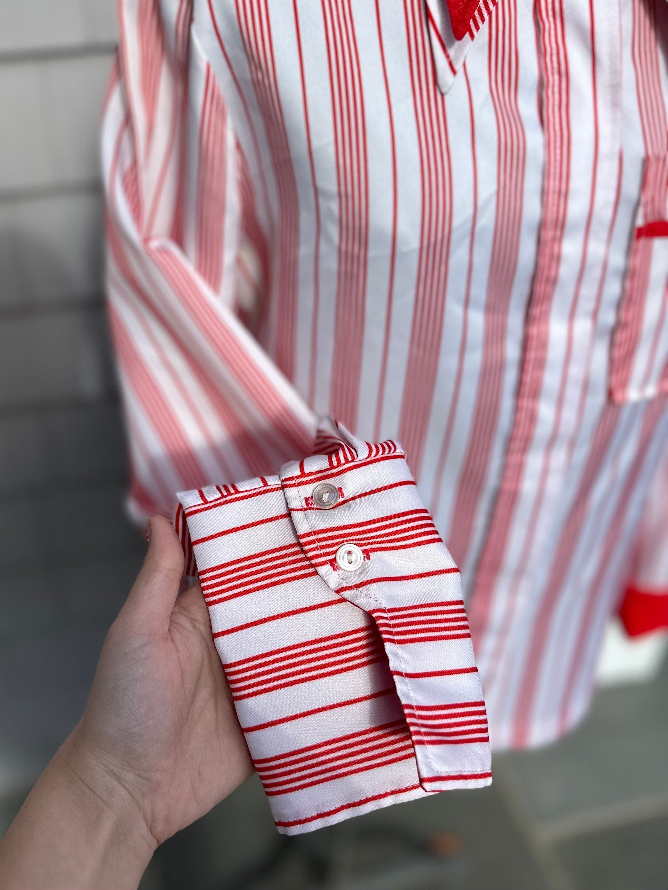 Vintage 1970s Joanna Women's Red & White Striped Double Collar Collared Button Down Blouse Long Sleeve Size 4