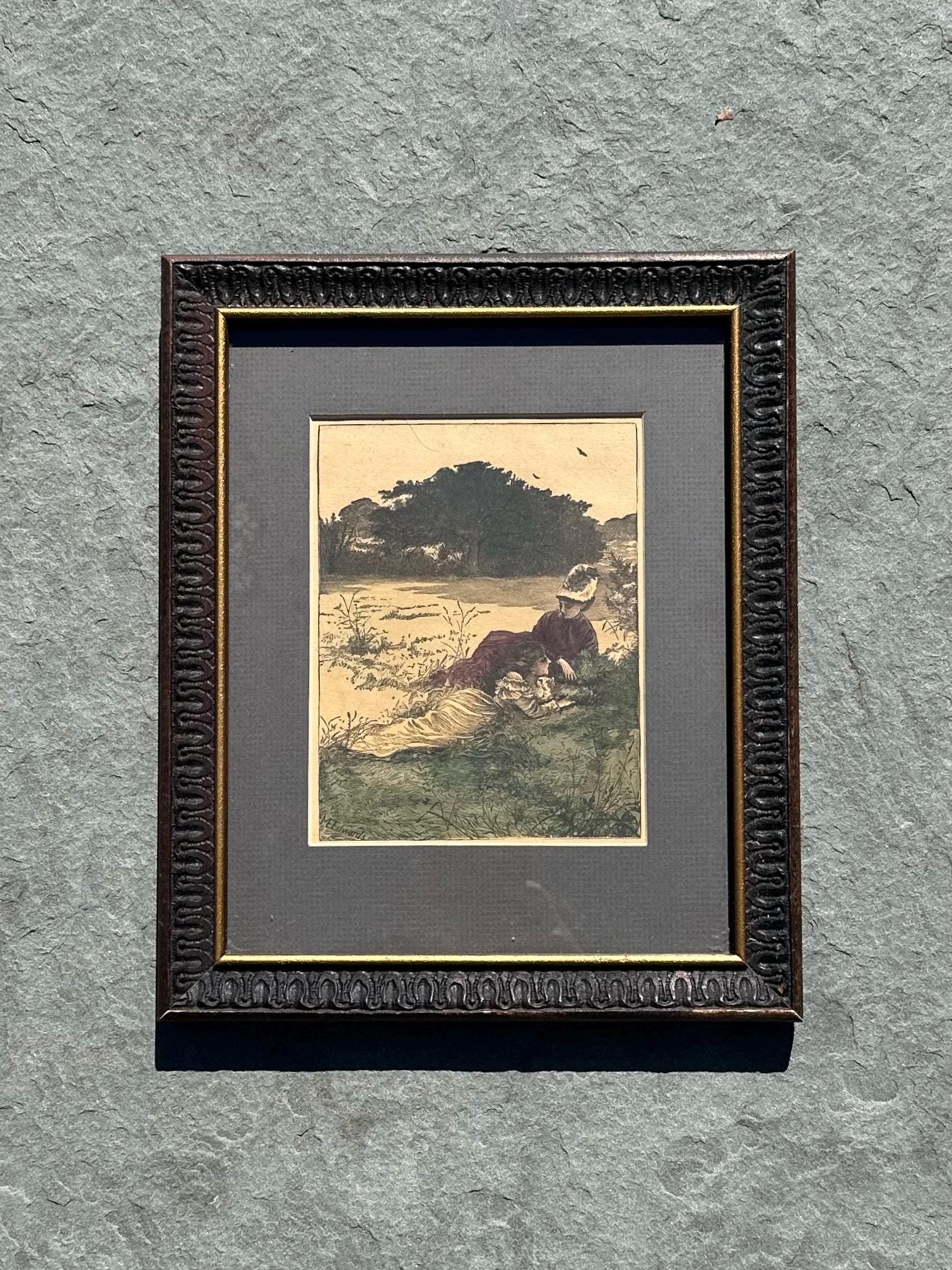 Framed Antique 1891 Hand Coloured Etching Print Two Victorian Women by Mary Ellen Edwards Signed 11.5x9.5”