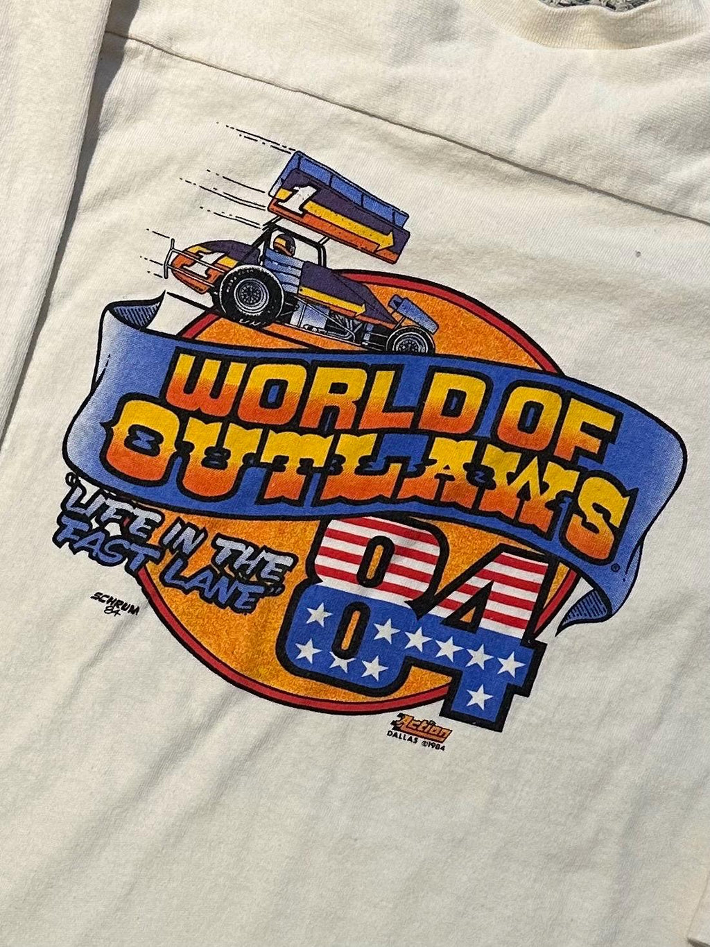 Vintage 1980s World of Outlaws 1984 Supernationals Syracuse NY Racing 3/4 Sleeve Ringer Tee Double Sided Schrum Graphic