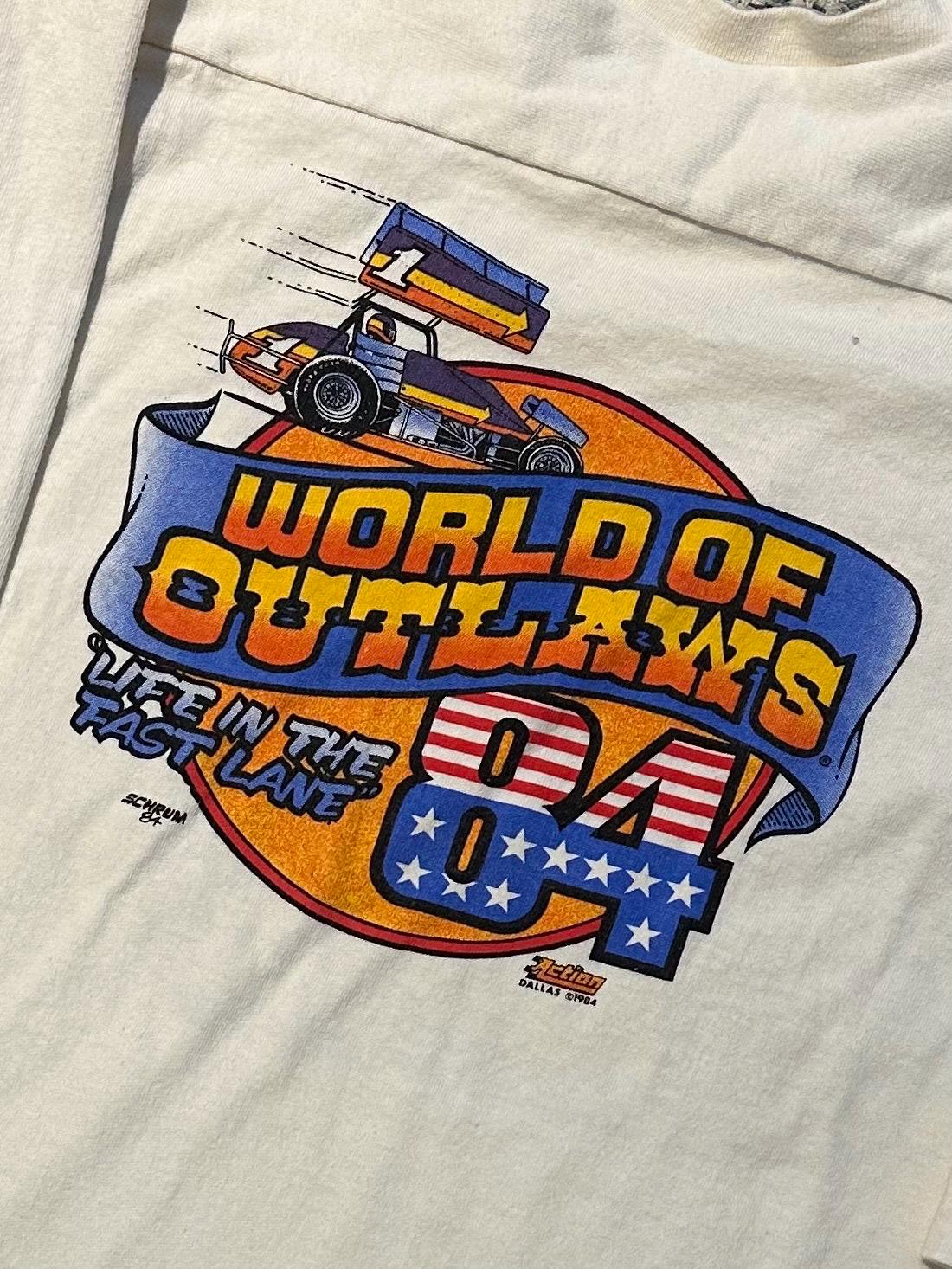 Vintage 1980s World of Outlaws 1984 Supernationals Syracuse NY Racing 3/4 Sleeve Ringer Tee Double Sided Schrum Graphic