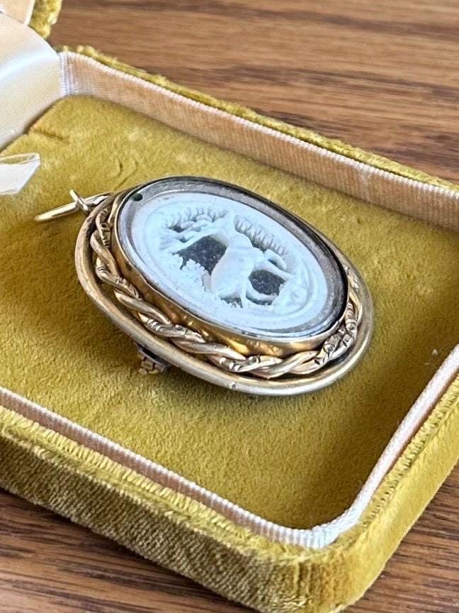 ANTIQUE Victorian Hand Carved Shell Stag Deer Pictorial Landscape Gold Tone Gilt Metal Pinchbeck Brooch or Pendant C-Clasp