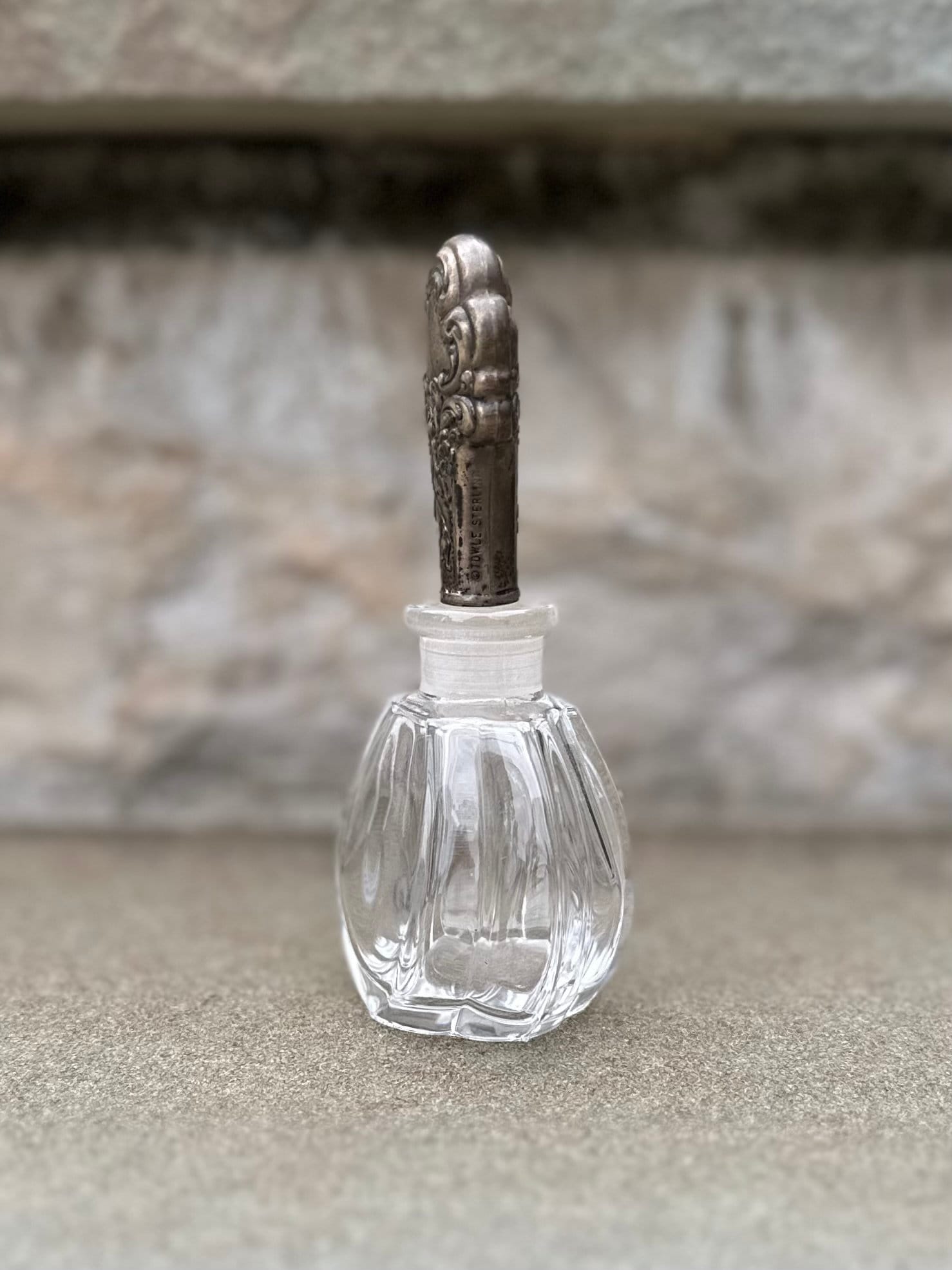 Vintage Signed Towle Sterling Silver Encased Stopper Glass Perfume Bottle Floral Rose Design