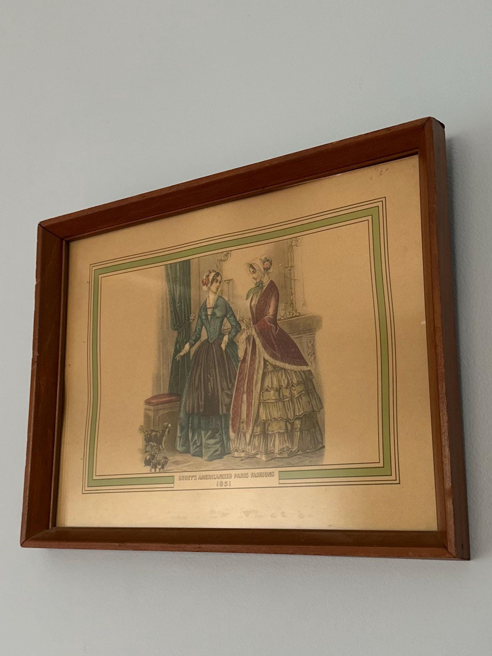 Vintage Wood Framed Godey’s Americanized Paris Fashions 1851 Colored Print 12.75x9.75