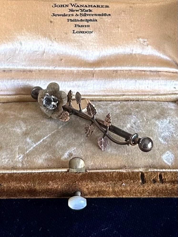 Antique Circa 19th Century Victorian Era Gold Filled Clear Paste Floral Leaf Vine Bar Pin Brooch C-Clasp