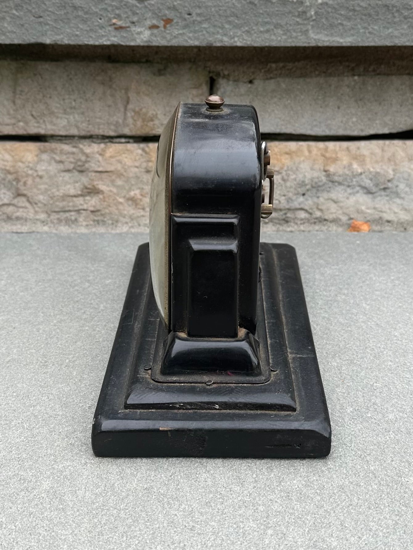 Antique Art Deco Gilbert Alarm Clock Black Metal Case on Repurposed Wooden Crate Base