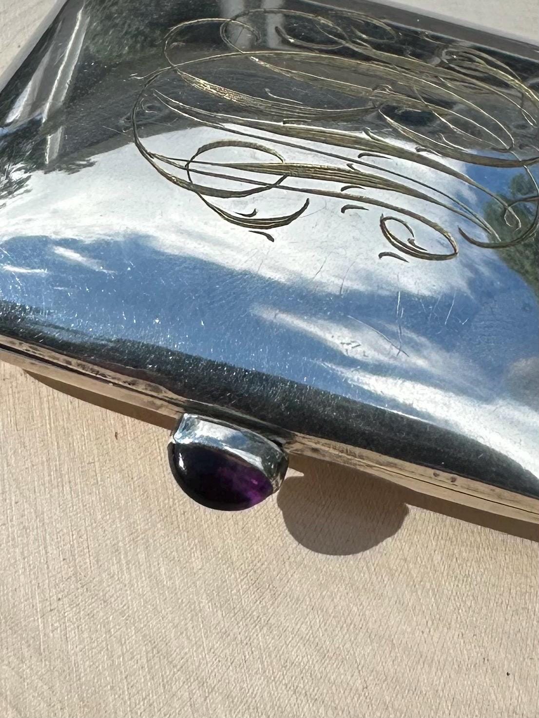 Antique 1920s 1930s Art Deco German Silver Monogrammed HBW Sovereign Coin Holder Chatelaine Compact Genuine Amethyst Cabochon