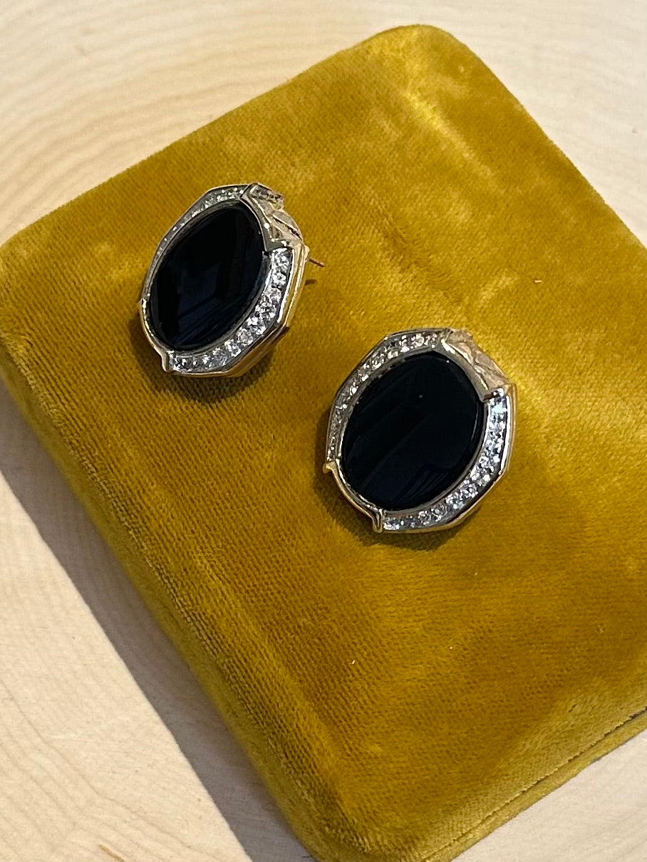 Vintage Signed Panetta Gold Tone Faux Black Onyx & Rhinestone Statement Earrings