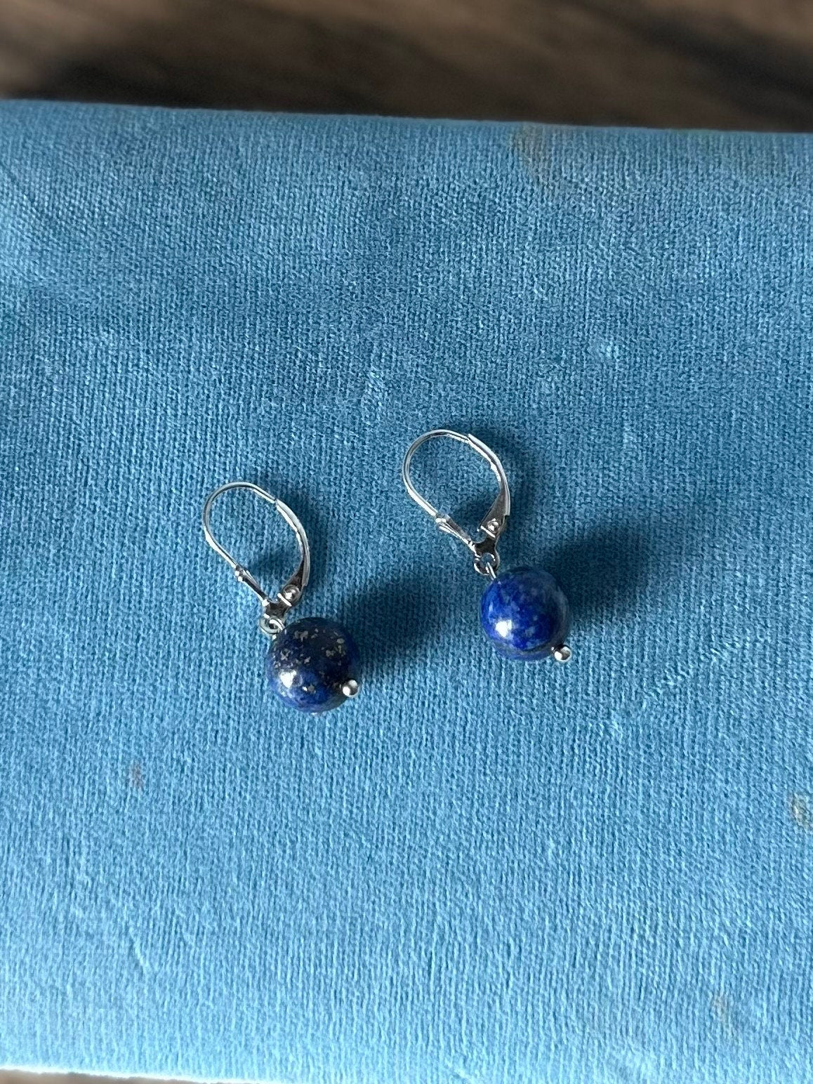 Sterling Silver 925 Blue Lapis Lazuli 10mm Bead Dangle Drop Earrings