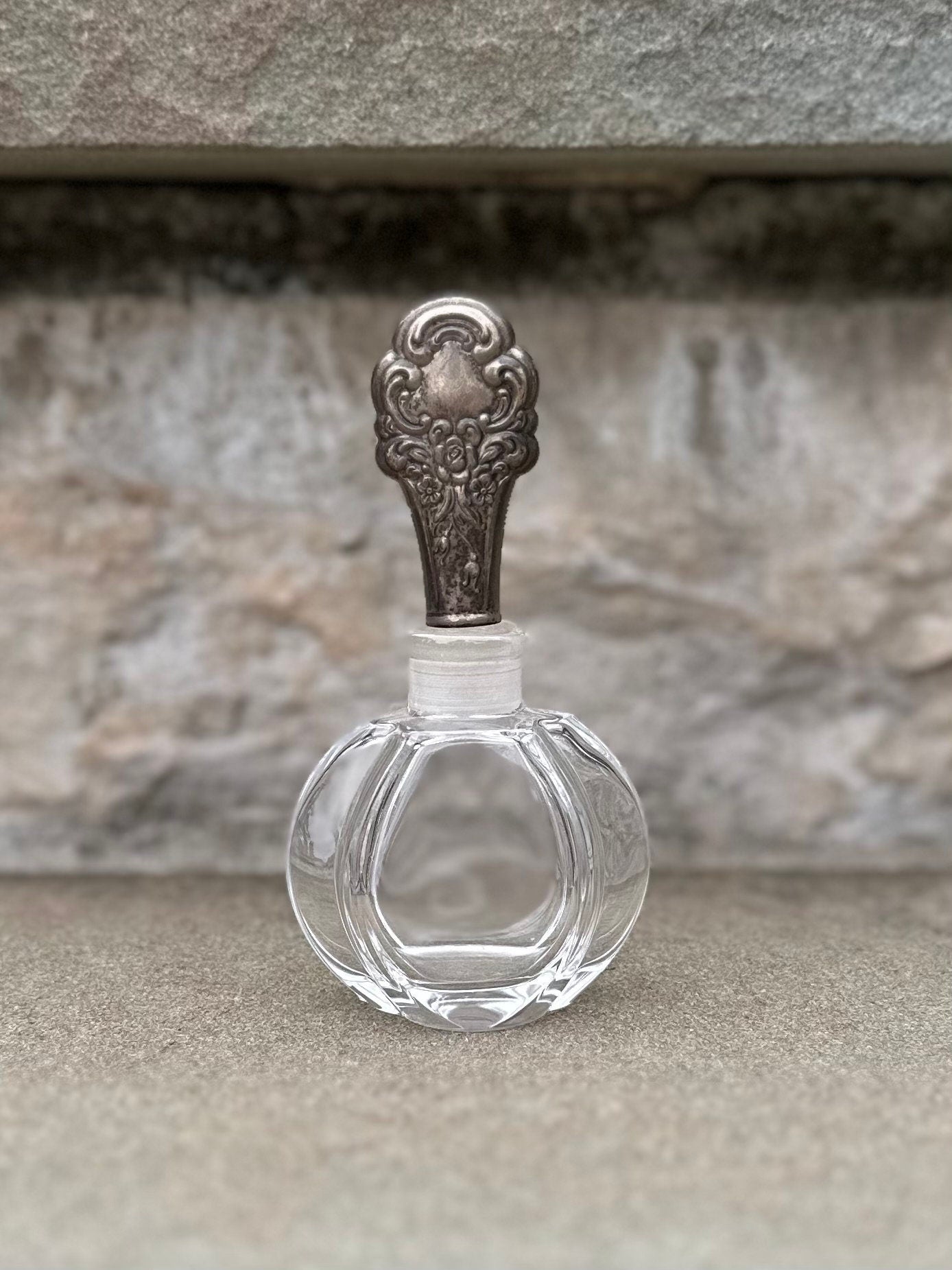 Vintage Signed Towle Sterling Silver Encased Stopper Glass Perfume Bottle Floral Rose Design