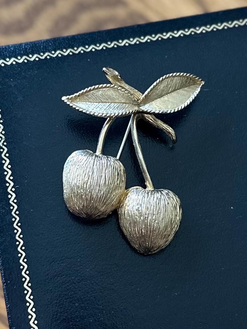 Vintage 1960s Signed SARAH COVENTRY Brushed Gold Tone Cherry Brooch Midcentury