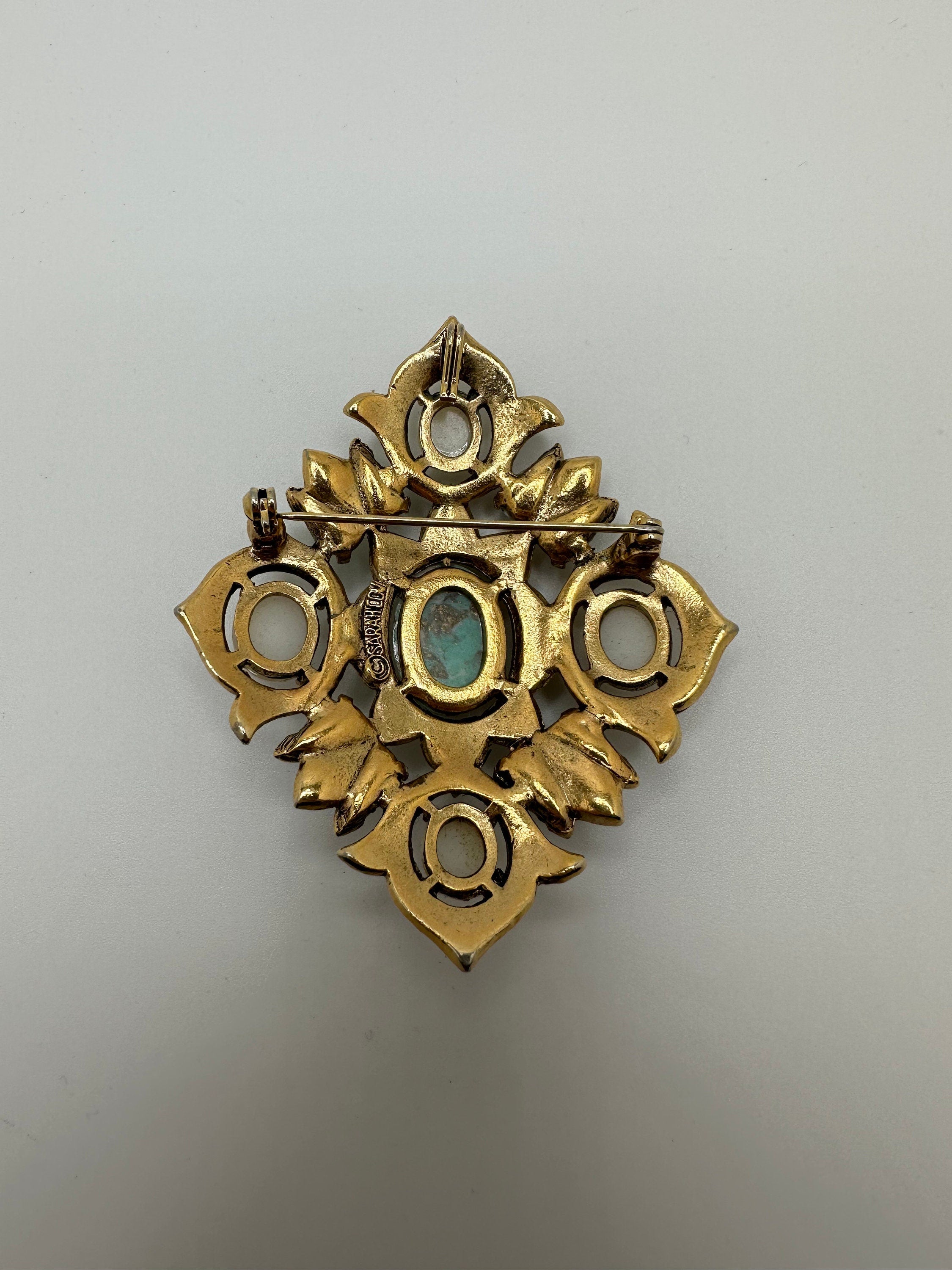 Vintage Signed Sarah Coventry 'Remembrance' Brooch or Pendant with Faux Pearls and Turquoise Cabochon Center Gold Tone