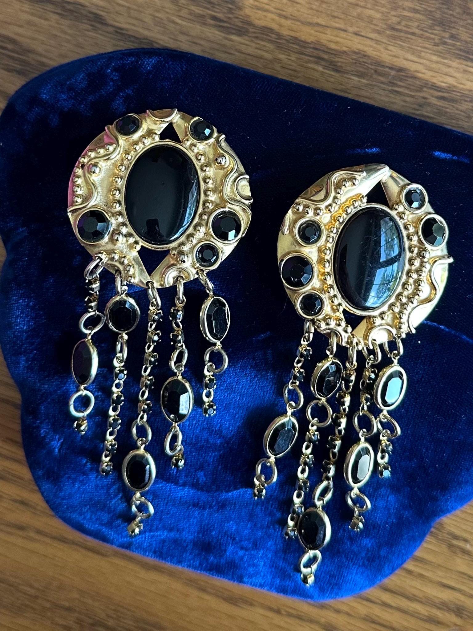 Vintage Signed SORRELLI Gold Tone & Black Rhinestone and Crystal Chandelier Statement Clip-on Earrings Runway
