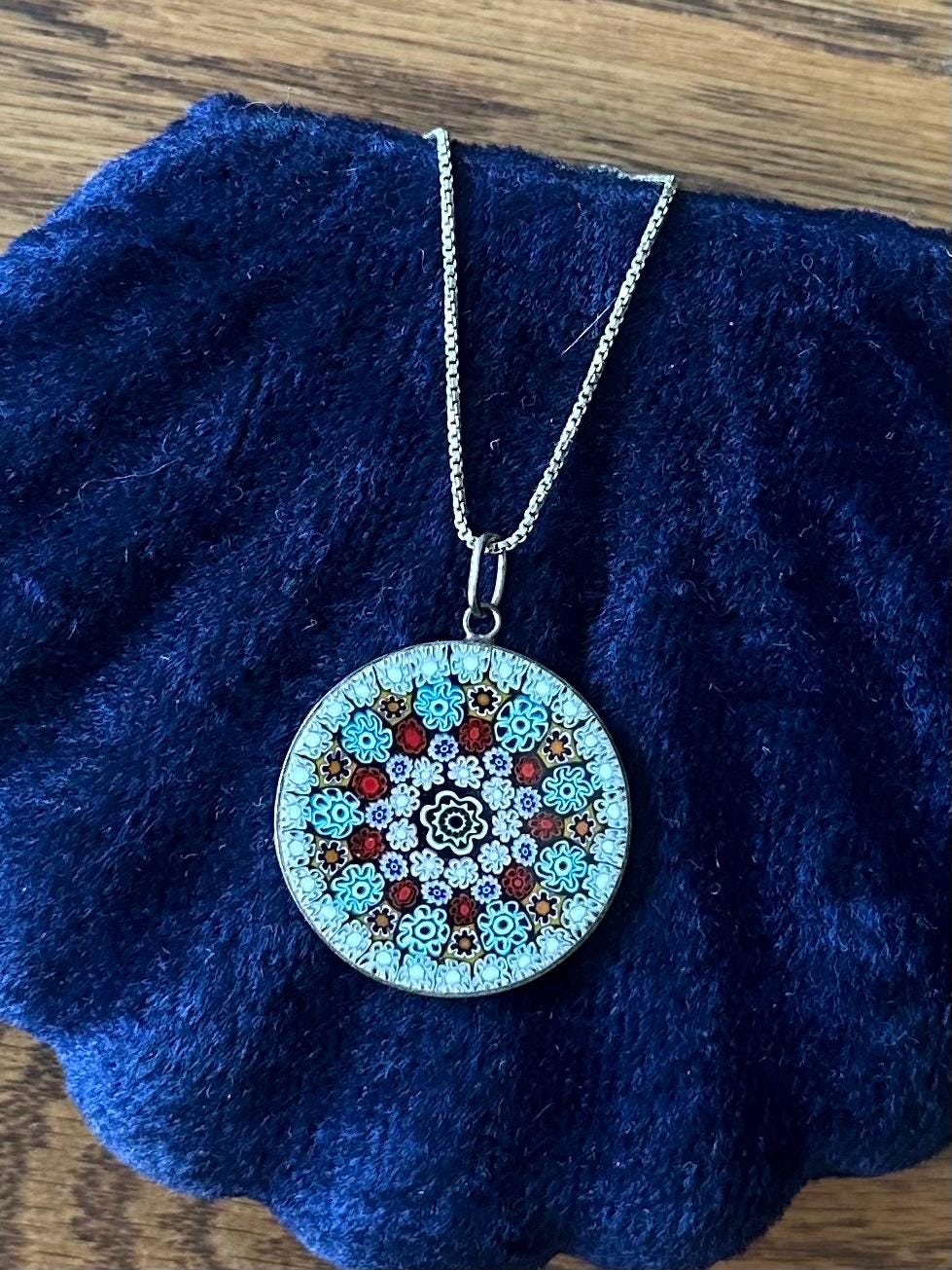 Vintage Italian 800 Silver Handcrafted Murano Millefiori Glass Round Pendant on Sterling Silver Box Chain Necklace