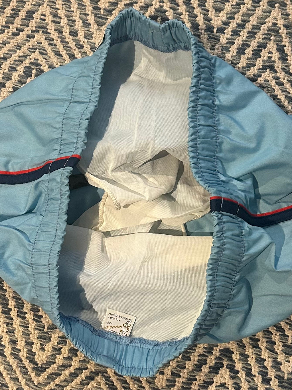 Vintage 1980s Deadstock NOS Rail Grabber Light Blue Red & Navy Striped Men's Swim Trunks Short Shorts