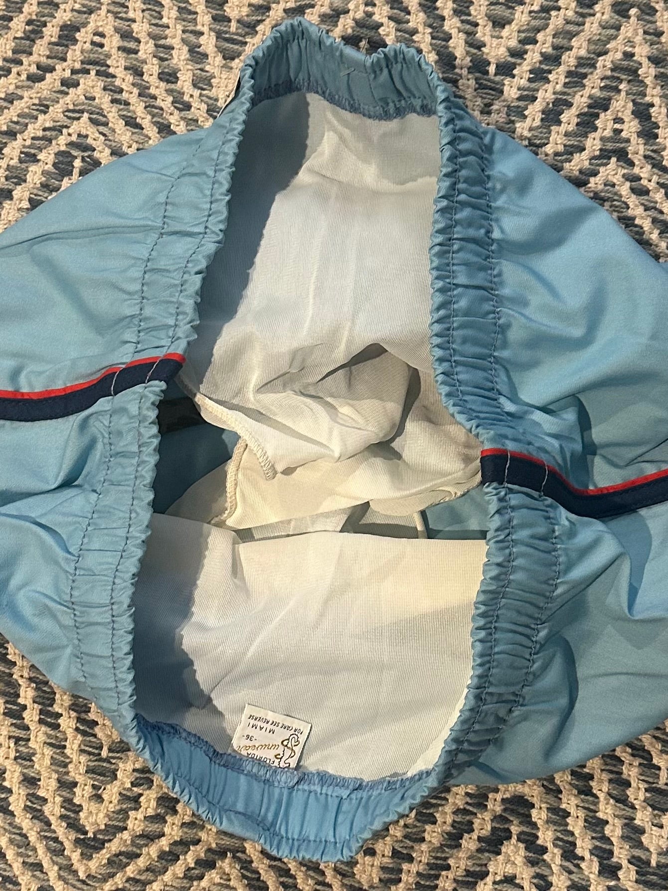 Vintage 1980s Deadstock NOS Rail Grabber Light Blue Red & Navy Striped Men's Swim Trunks Short Shorts