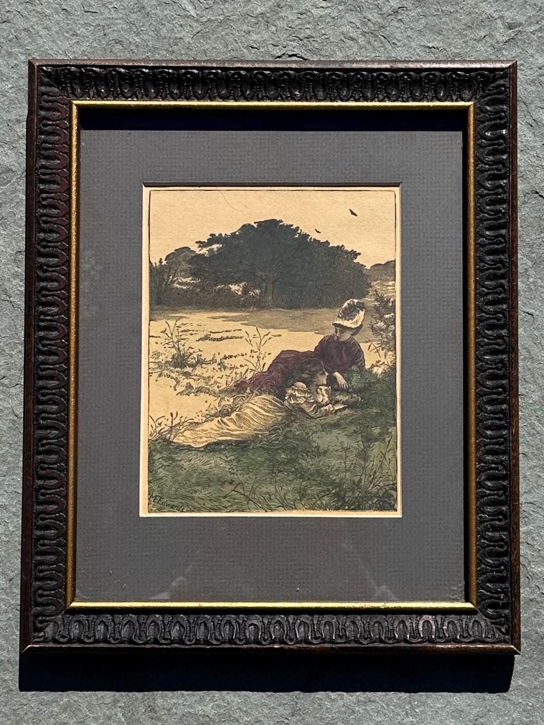 Framed Antique 1891 Hand Coloured Etching Print Two Victorian Women by Mary Ellen Edwards Signed 11.5x9.5”