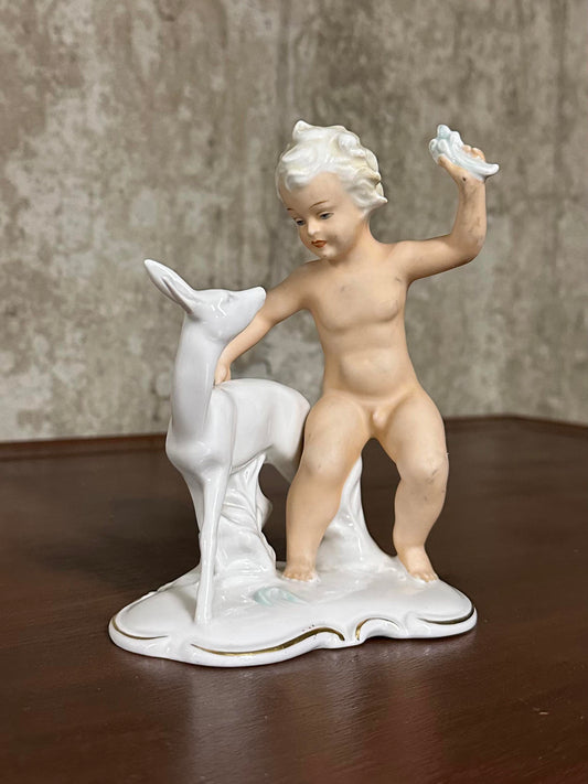 1950s Schau Bach Kunst Germany Porcelain Cherub Boy with Deer Figurine