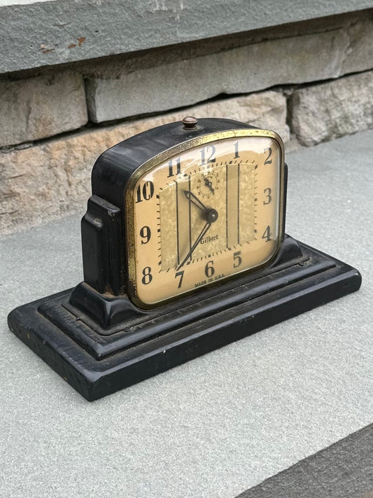 Antique Art Deco Gilbert Alarm Clock Black Metal Case on Repurposed Wooden Crate Base