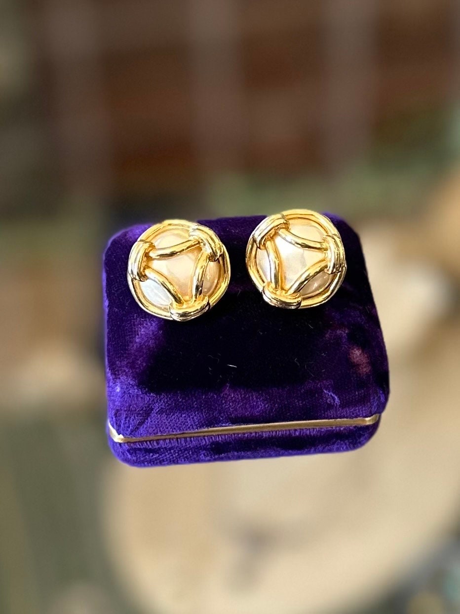 Vintage 1990s Signed Carolee Gold Plated Caged Faux Pearl Stud Earrings