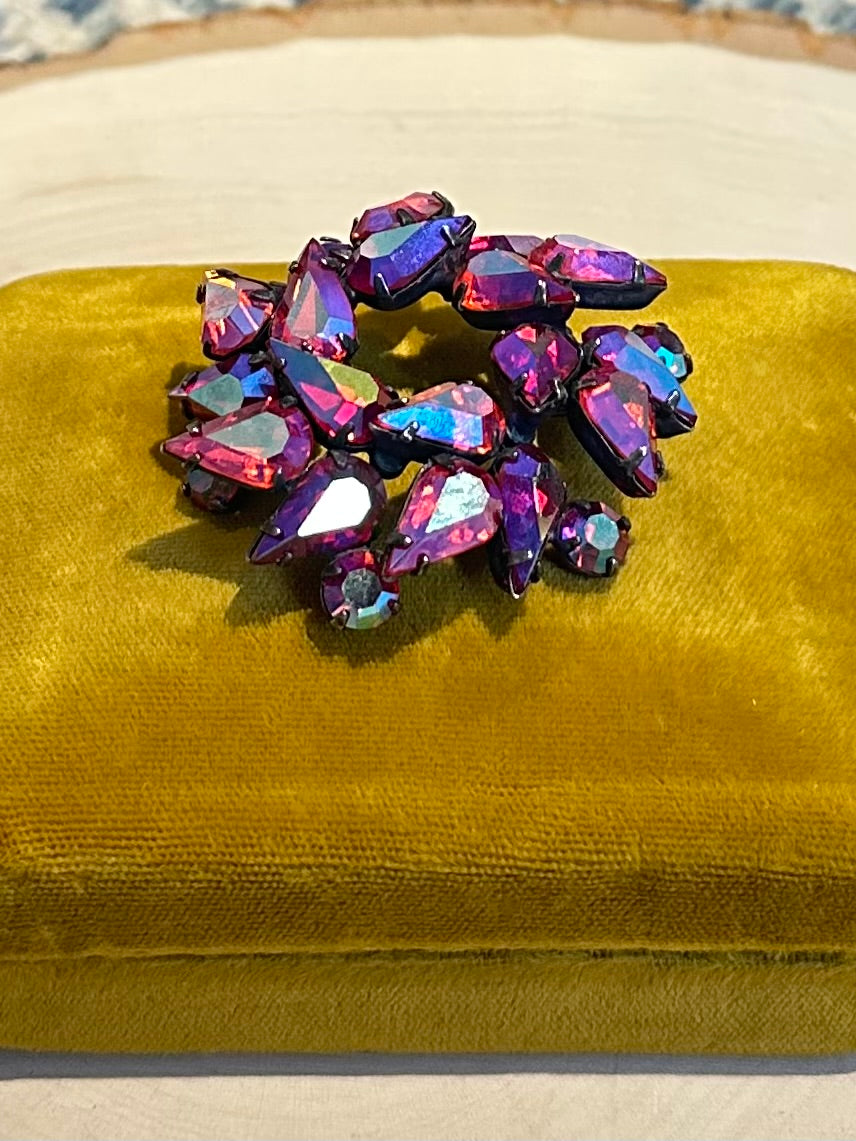 1960s Signed Regency Pink Aurora Borealis Faceted Rhinestone Brooch & Clip-on Earrings Set