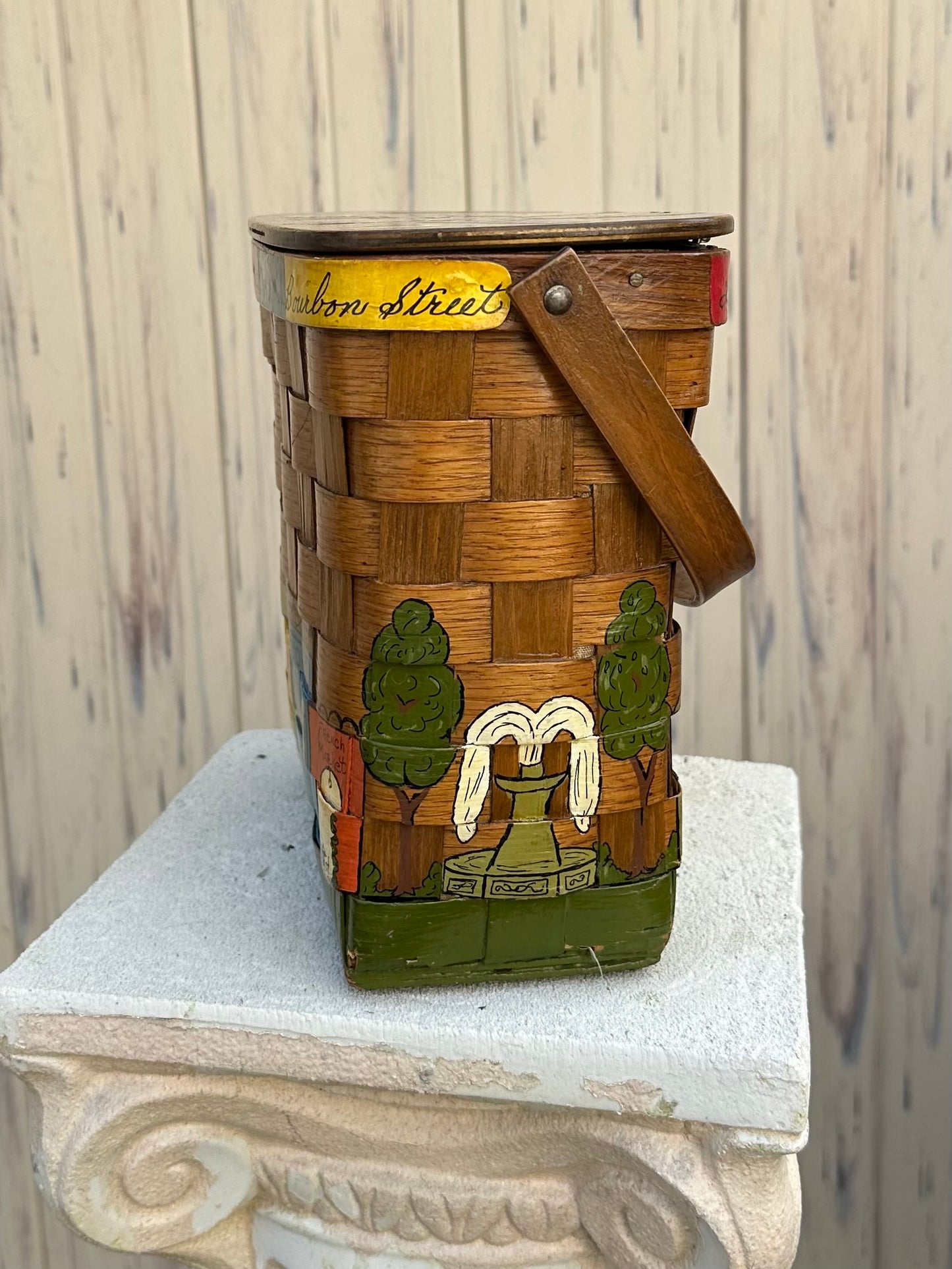 1960s New Orleans Hand Painted & Signed Katydid Wooden Picnic Basket Purse Specially for Godchaux