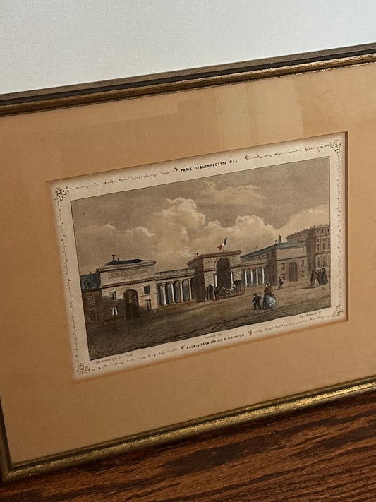 Vintage Framed 19th Century Paris Daguerrotype No. 41 "Palais de la Legion D'Honneur" Cauelue Hand Colored Lithograph