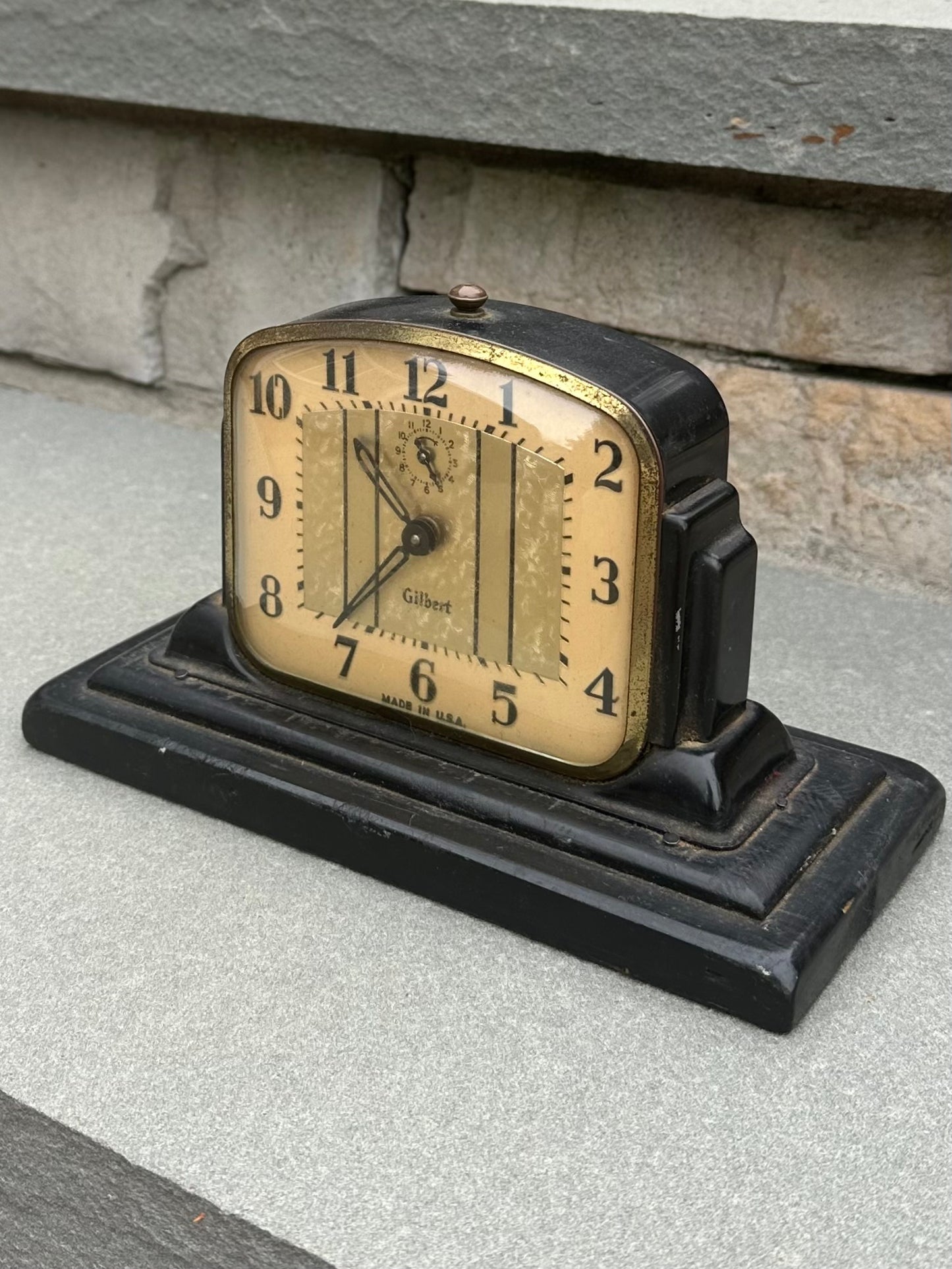 Antique Art Deco Gilbert Alarm Clock Black Metal Case on Repurposed Wooden Crate Base